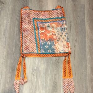 Pilcro Orange Teal Floral Patchwork Tie-Back Blouse